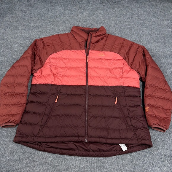 LL Bean Jacket Women 2X Red Orange Pink Colorblock Down Puffer 650 Ultralight - Picture 2 of 11